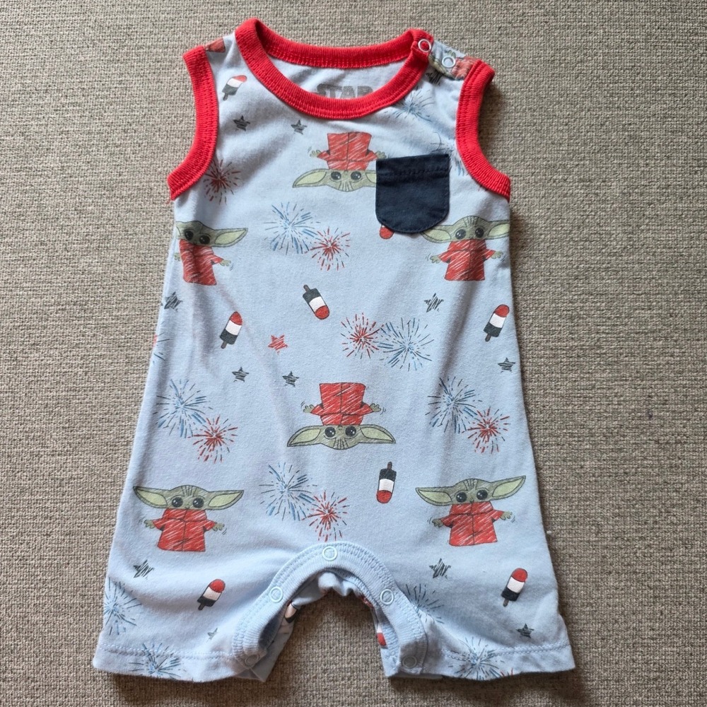 Star Wars Grogu Baby Romper Blue Sleeveless Grogu Fireworks One Piece 3 6M